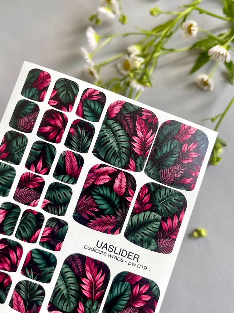 tropical-leaves-pedicure-nail-wraps-dark-teal-magenta-jungle-pw-019-1239308 UA Slider WRAPS PW-019 - imagine 1