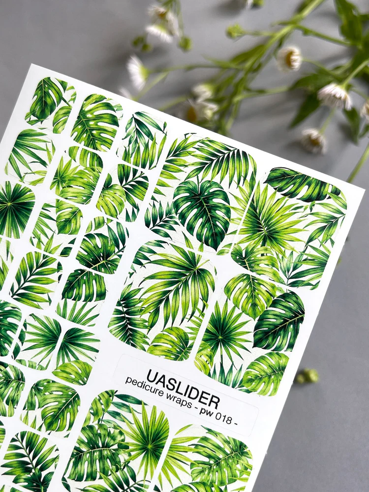 tropical-leaves-pedicure-nail-wraps-green-monstera-palm-on-white-pw-018-8155551 UA Slider WRAPS PW-018 - imagine 1